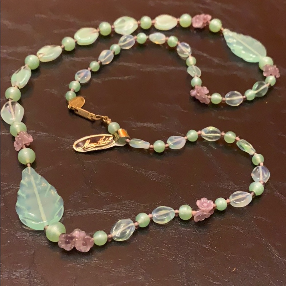 Miriam Haskell Glass Flowers Green Leaf Necklace - Picture 3 of 6